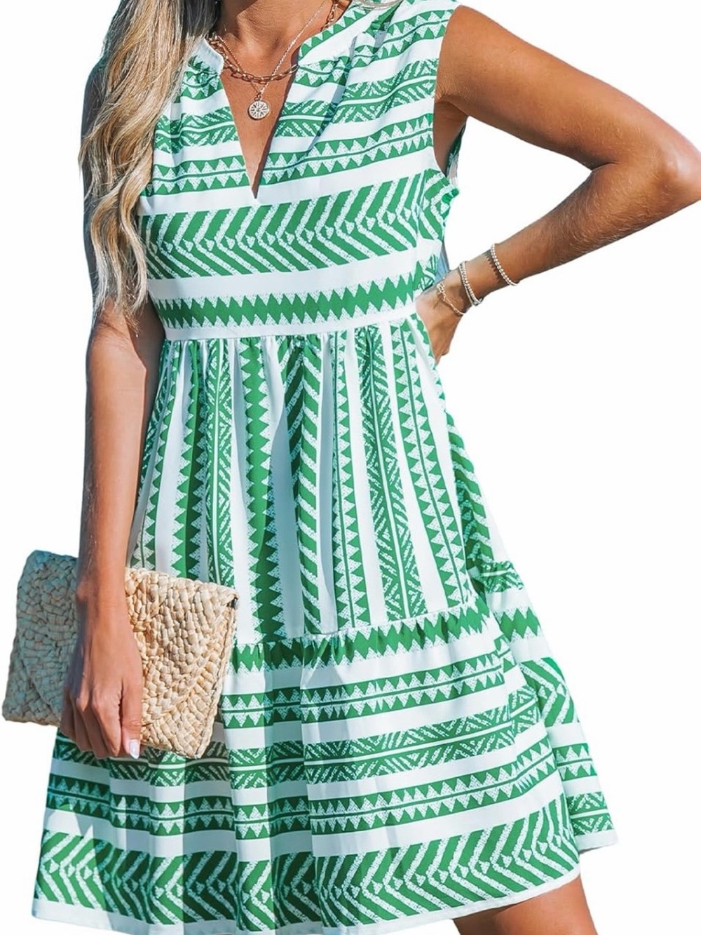 Cupshe Green & White Sleeveless Geometric Mini Dress